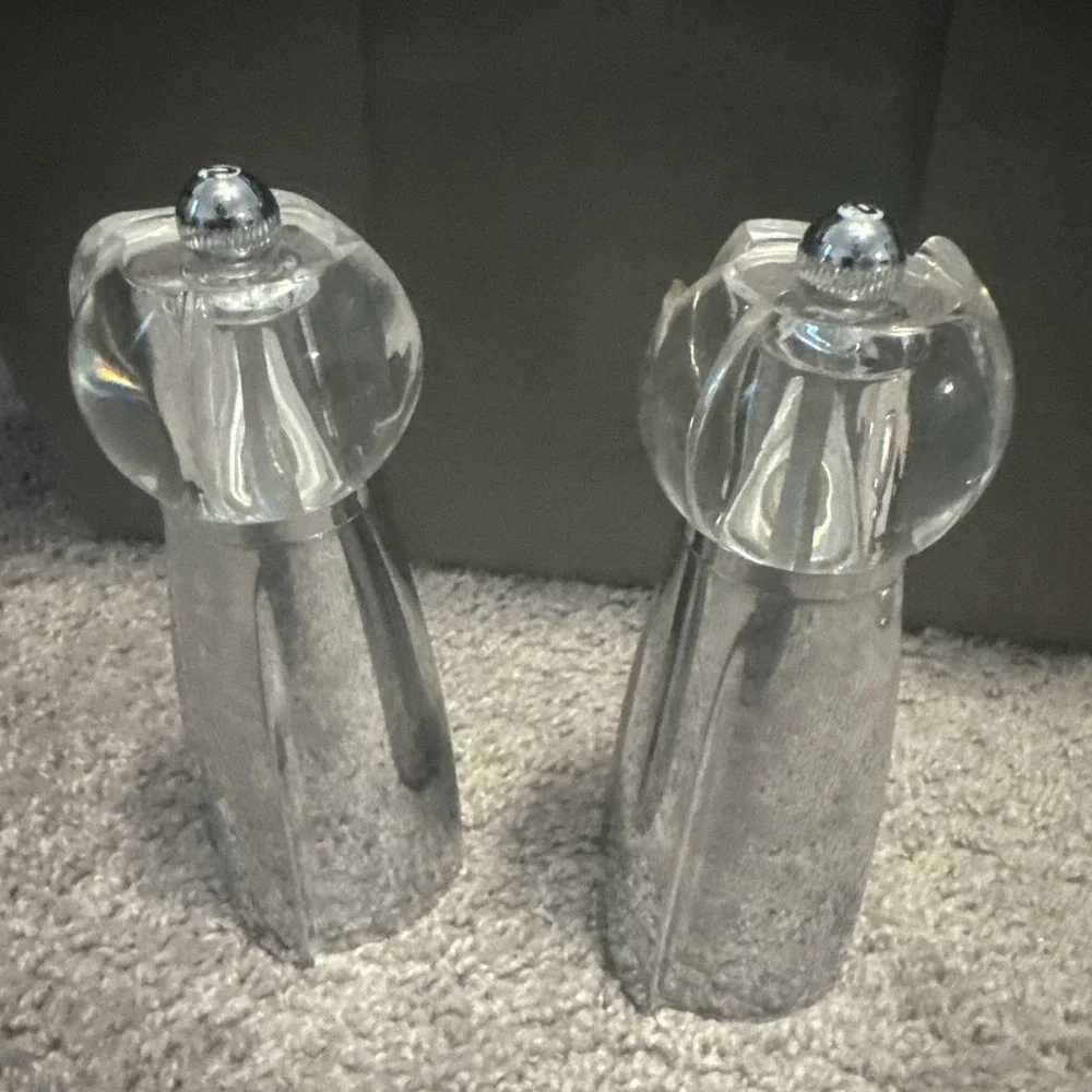 Vtg MCM Chrome Plated and Clear Lucite Salt Mill and Pepper Grinders Lot Of 2